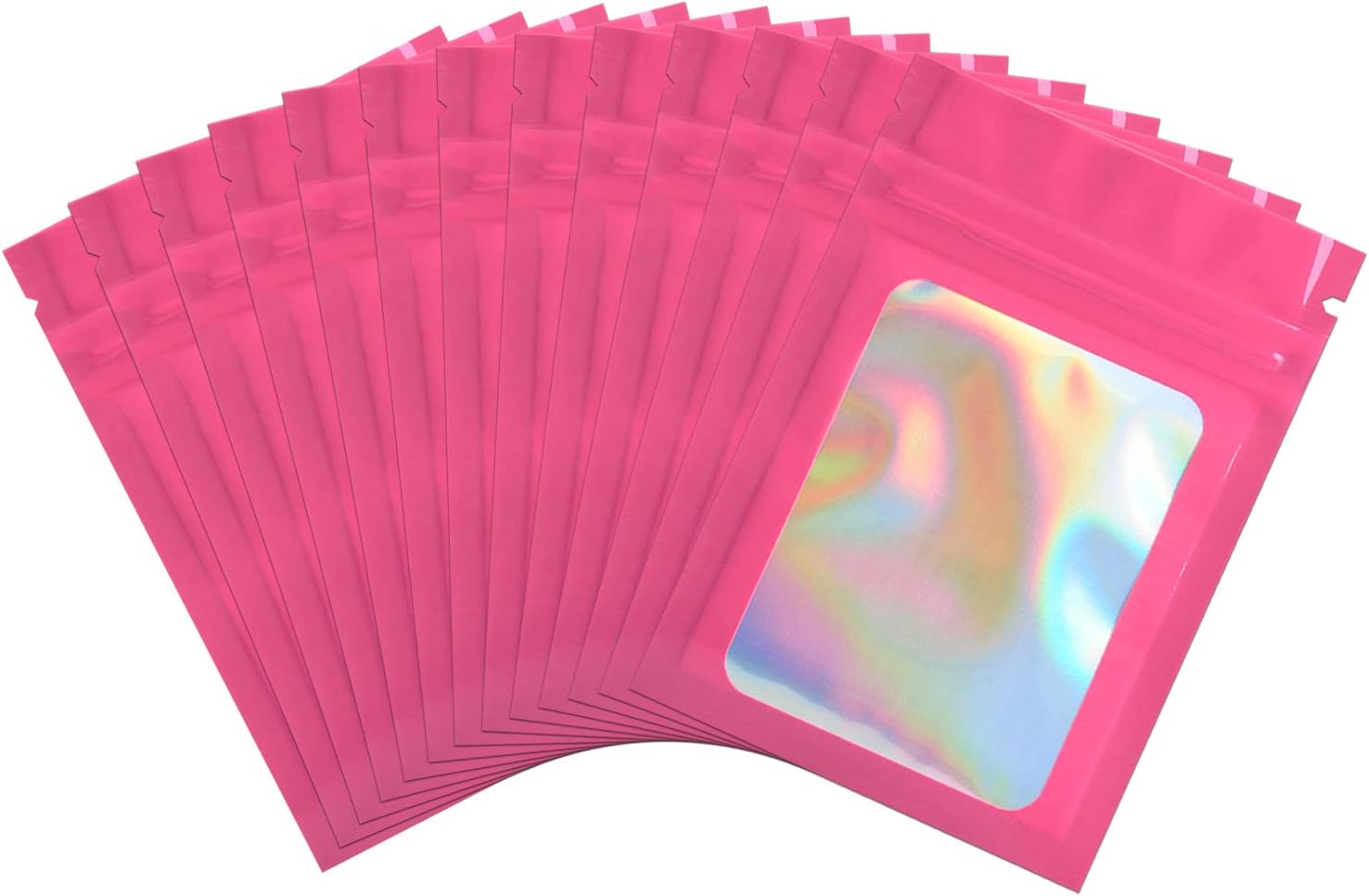 100pcs smell proof mylar bags ziplock resealable holographic packaging bag for sample lip gloss eyelash tea cookies food jewelry electronics storage|flat|front clear window (Pink, 3.54''Wx6.30''L)
