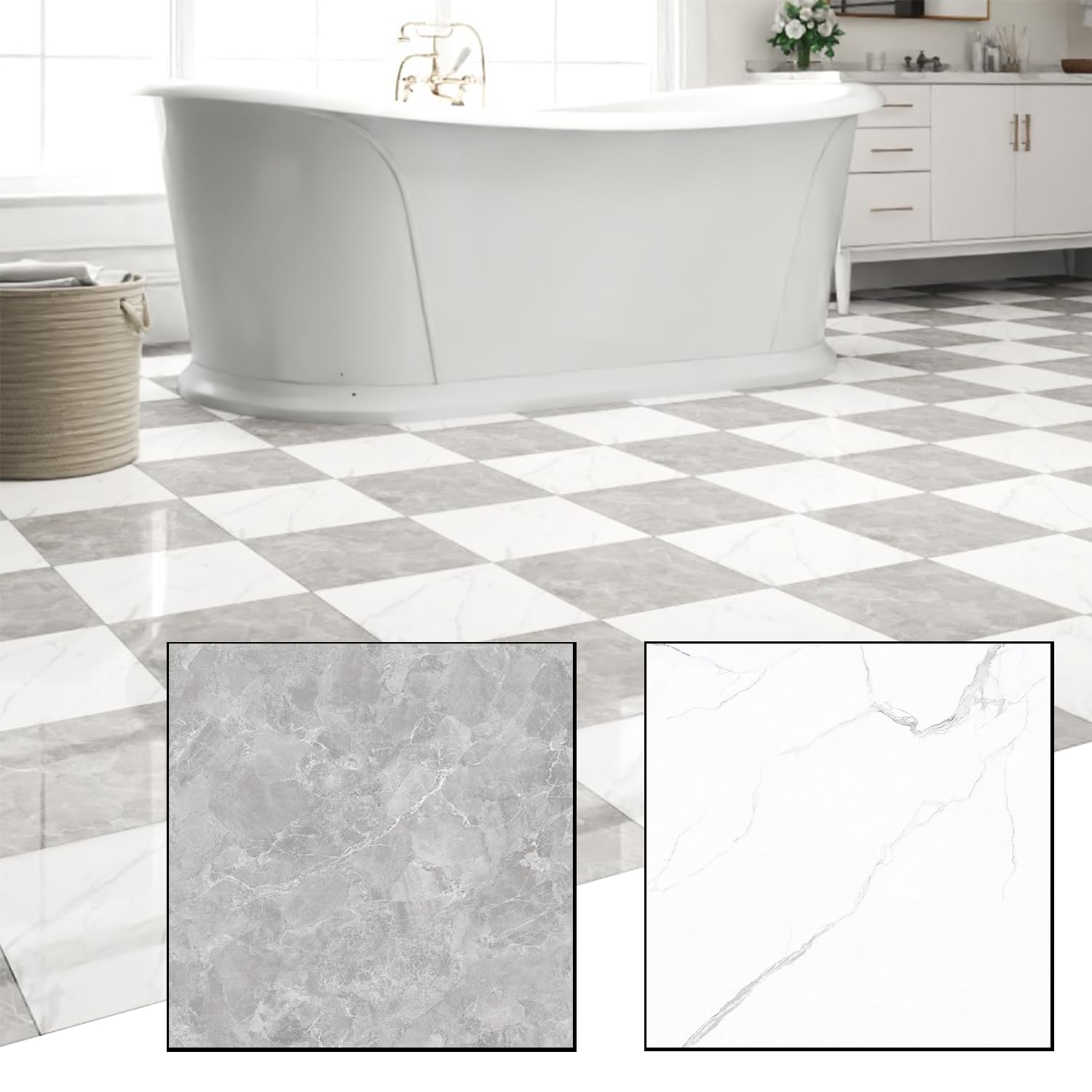 20-Pack 20 Sq.Ft Peel and Stick Floor Tiles Vinyl Glossy Pattern Flooring, 12” x 12” Self Adhesive Vinyl Flooring DIY for Kitchen, Bathroom, Laundry, Polish Light Grey&White Marble