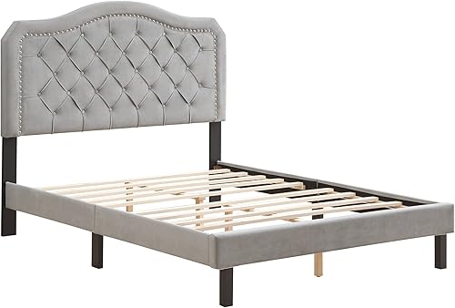 Miniatura 7 de Livavege Base de cama tapizada tamaño Queen, marco de cama de plataforma con cabecera de tela copetuda cosida de diamante y listones de madera
