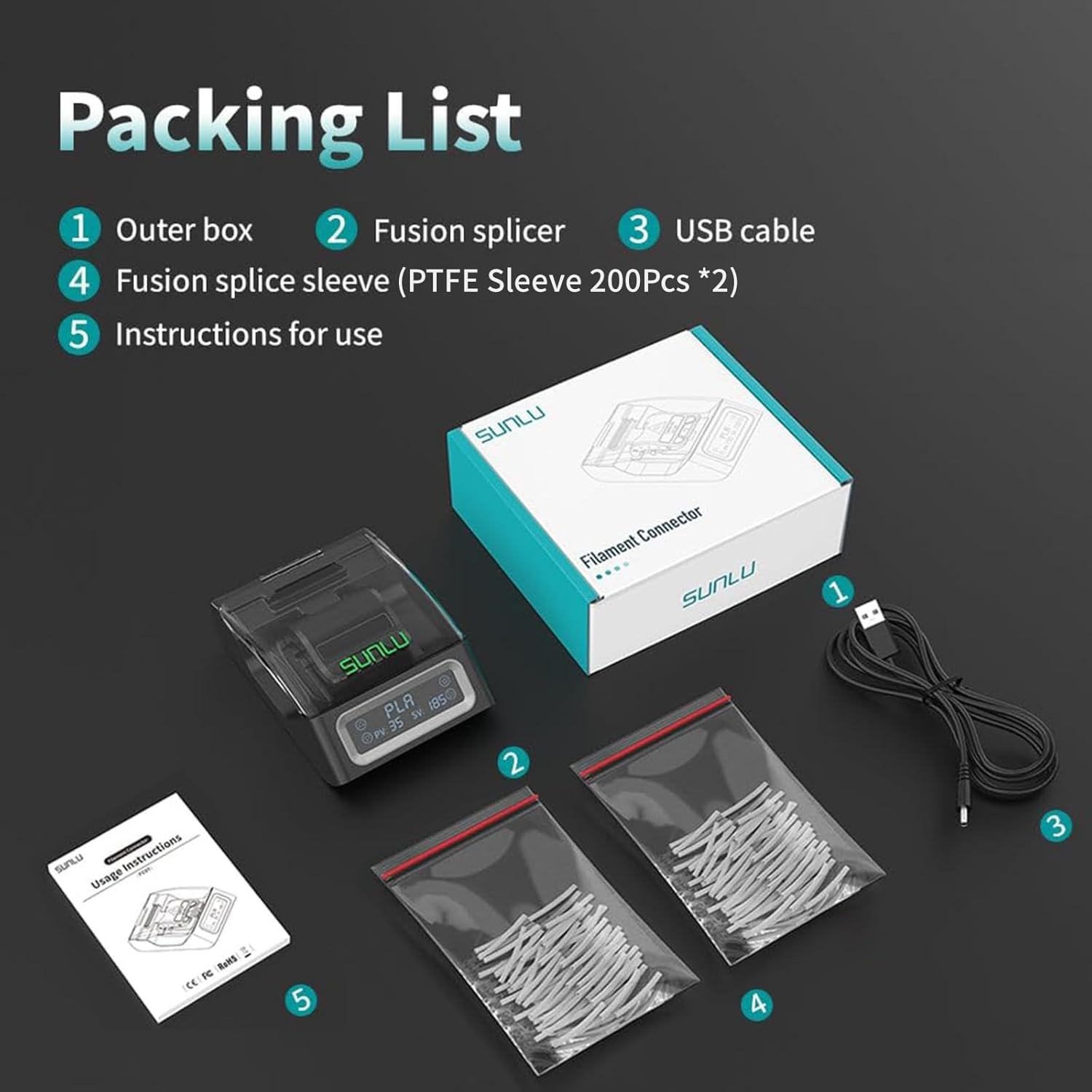 SUNLU Filament Connector, Filament Splicer with 400Pcs PTFE Sleeve for 3D Printer Filament 1.75mm, Fast Heating Up to 240°C, Compatible with PLA PETG TPU ABS PA Nylon