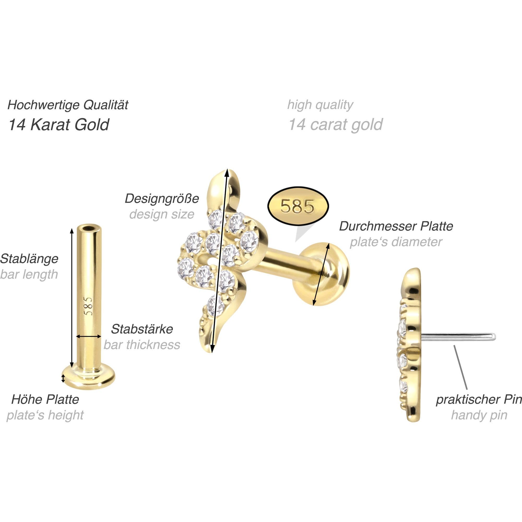 PIERCINGLINE Piercing Stecker 14 Gold Labret mit Push Fit MOISSANIT-SCHLANGE 585er Gold - Roségoldfarben, Goldfarben, Silberfarben