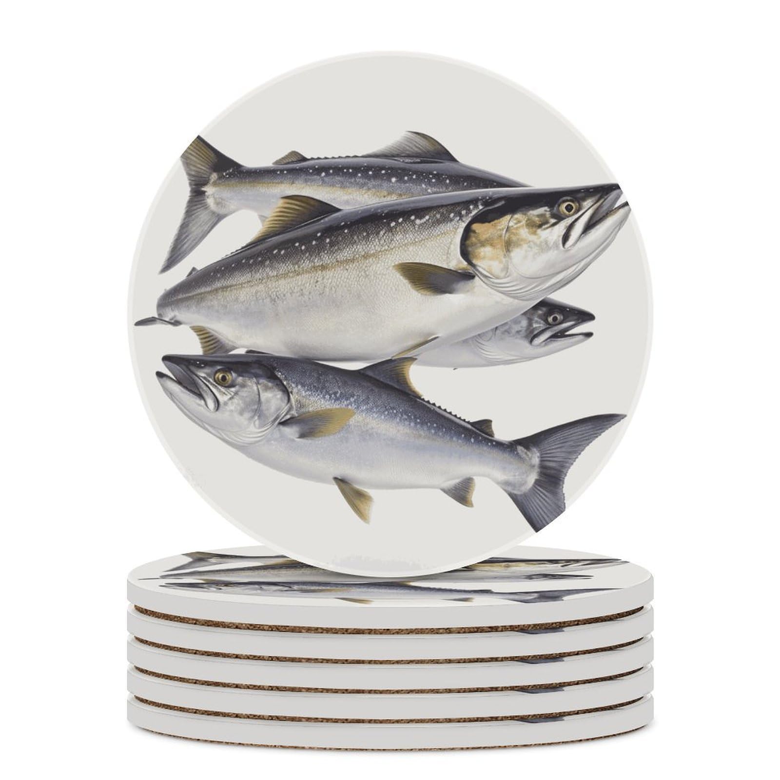 Salmon Fish Drink Coasters with Holder for Coffee Table,Ceramic Coaster with Cork Base,Ceramic Stone Coaster for Iced Cold Or Hot Drinks,4.1 Inches
