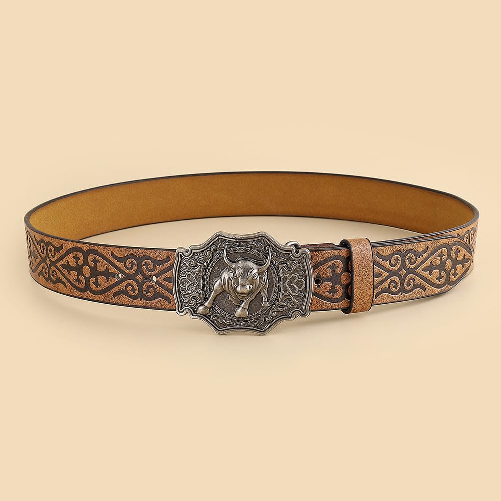 Cintura In Rilievo Con Fibbia Incisa In Argento Raffigurazione Di Un Cowboy Western, Toro Del Texas, For Uomo E Ragazzo