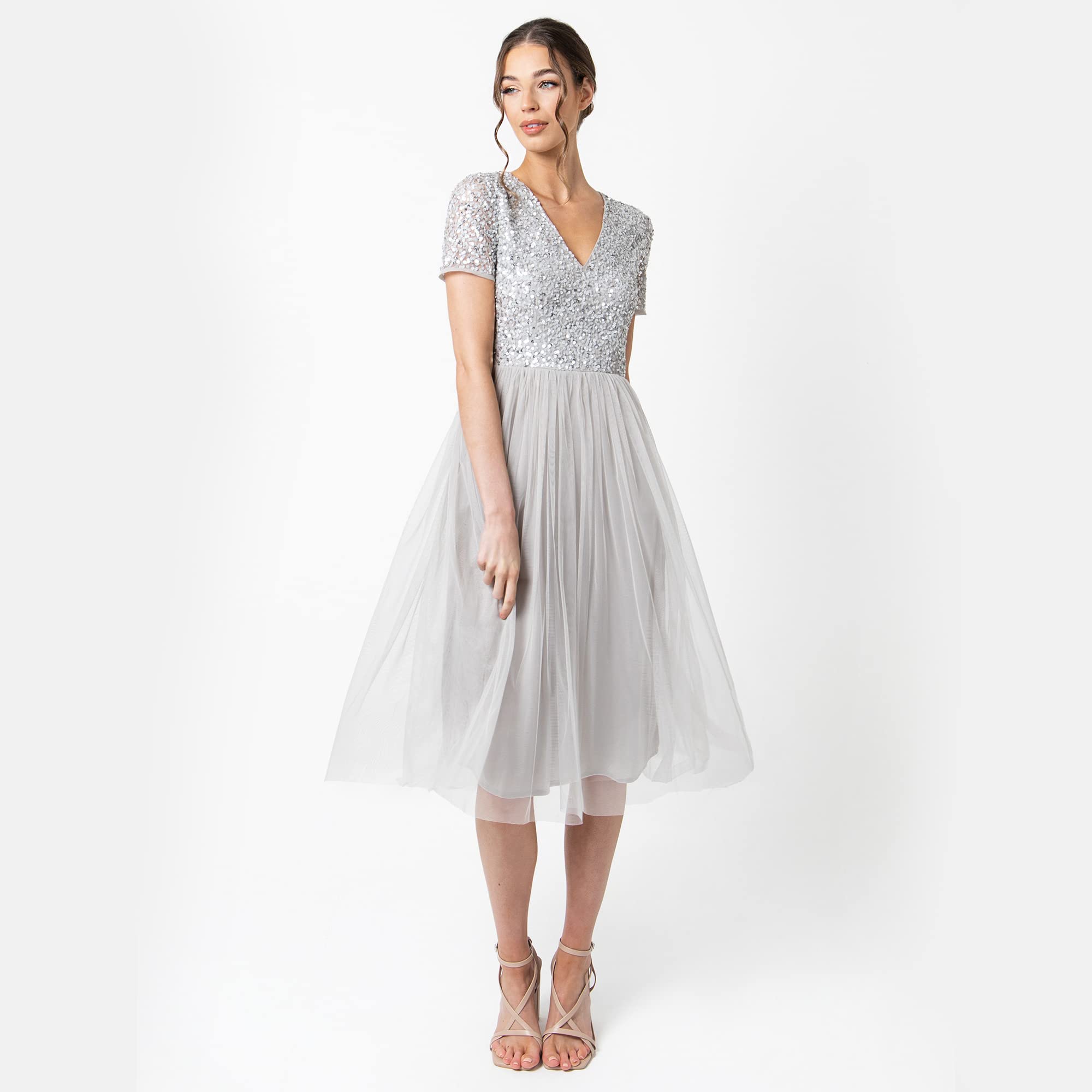 Maya Deluxe Maya Deluxe V Neckline Embellished Midi Dress Vestido de Dama de Honor Mujer