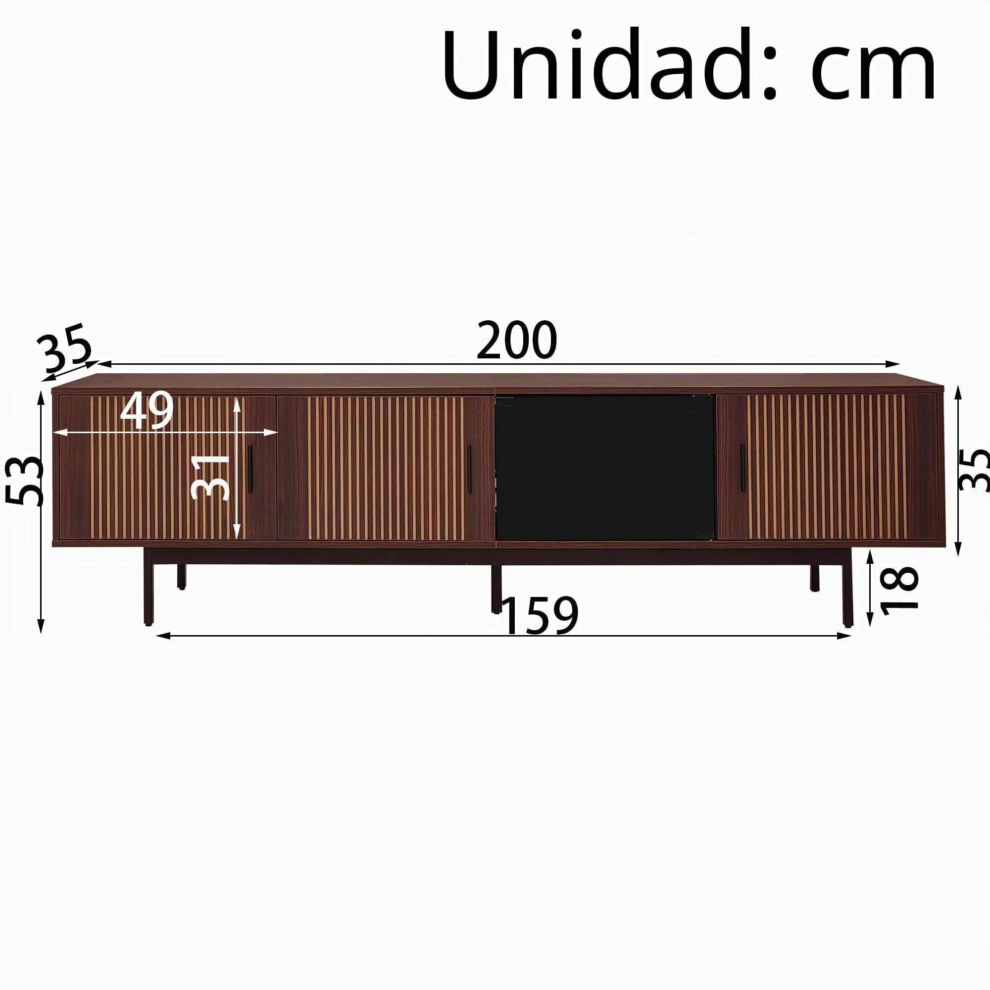 Mueble de TV 50 x 200 cm con textura tallada, puerta de vidrio templado nogal + negro
