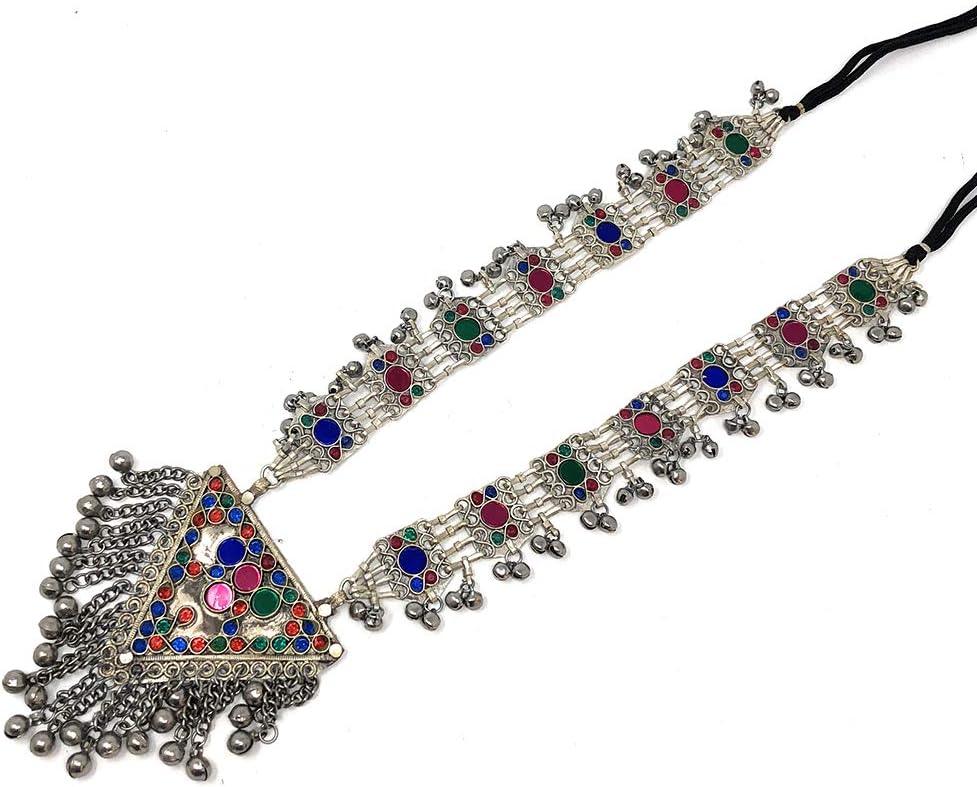 Afghan Tribal Pendant Necklacs for Women, Handmade Oxidized Metal with Multicolor Stones and Fringe Details, Statement Design, 10-Inch, Bohemian Belly Dance Indian Festival Jewelry