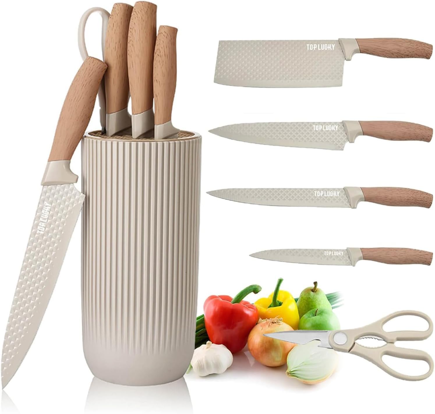 Kitchen Knife Set, 6-Pieces Sharp Knife Set for Kitchen, Non-Stick Non-Slip Stainless Steel Chef Knife Sets with Universal Knife Block Suitable for Home Restaurant (Khaki)