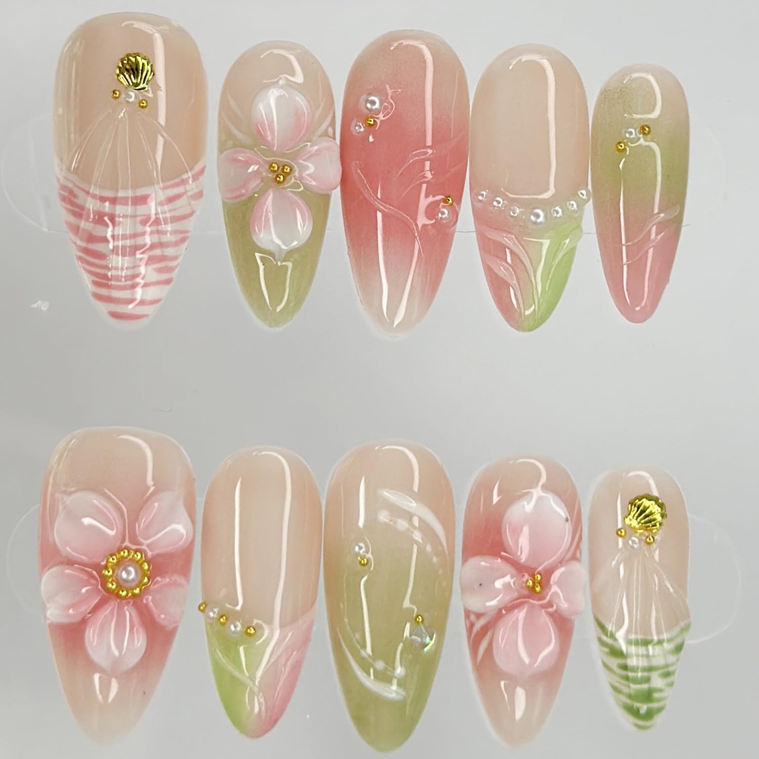 Luxury Press on Nails Medium Almond French Tip Handmade 3D Unique Reusable ABS Material Fake Nails Pink&Green False Nails with Designs Floral Art Petal Glossy Glue on Nails Thick Acrylic Nails(M)
