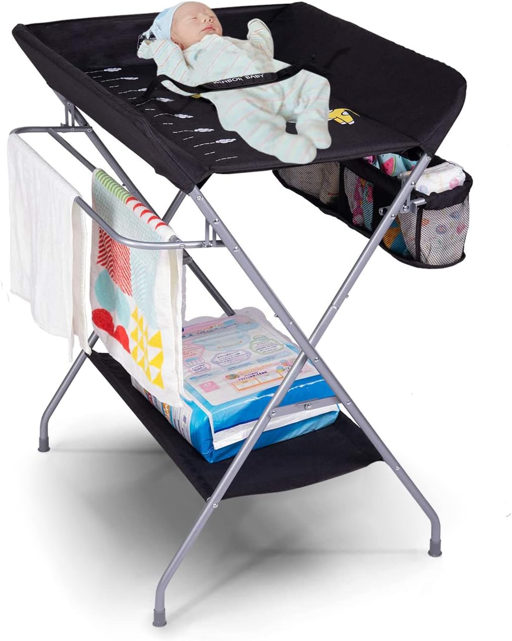 kinbor Baby Diaper Changing Table - Folding Diaper Changing Station, Nursery Organizer with Storage, Towel Rack, Safety Belt for Infant Newborn, Black