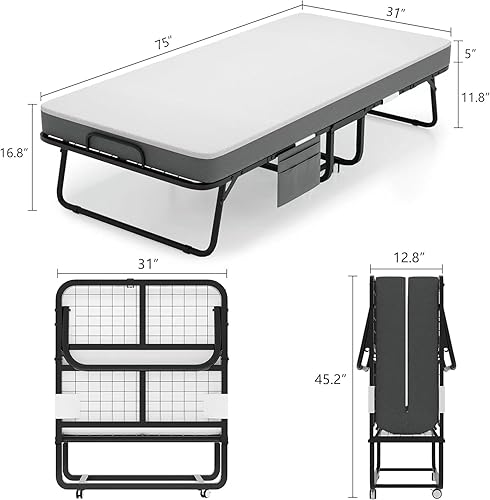 Miniatura 3 de Folding Bed with Mattress - Portable Foldable Roll Away Adults Bed for Guest, 5-Inch Thick Luxurious Memory Foam, Space Saving Fold Up Bed with Dust