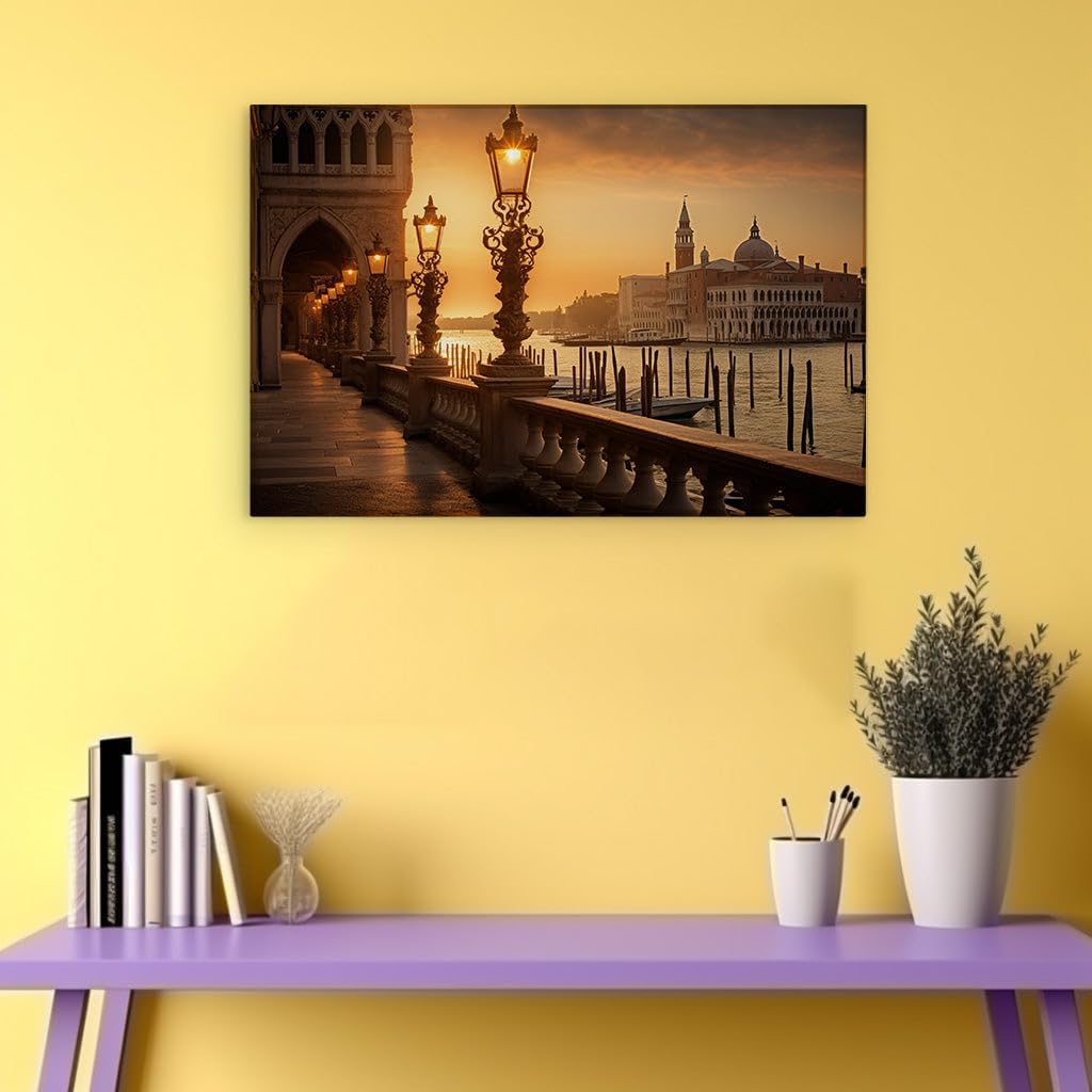Canvas for Living room. Dawn's Golden Embrace Cradles Venice in Serenity, 27 x 18 inch Canvas Wall Art - Contemporary Masterpieces - Modern Home Decor