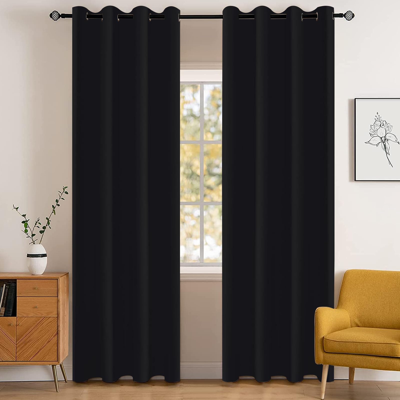 YSTELLAA Cortinas Opacas Dormitorio 2 Piezas, 140×145 CM, Cortinas Termicas Aislantes Frio Y Calor, Cortinas Salon Modernas, Impermeable Cortinas Exterior Terraza, Cortina Acustico, Negro