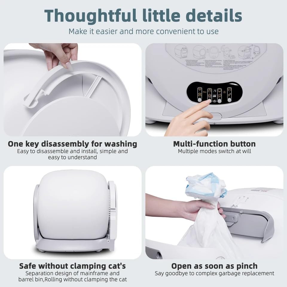 A hand holding a smartphone displaying the mobile application interface for the Smart 65L Automatic Self-Cleaning Cat Litter Box, with the litter box visible in the background.