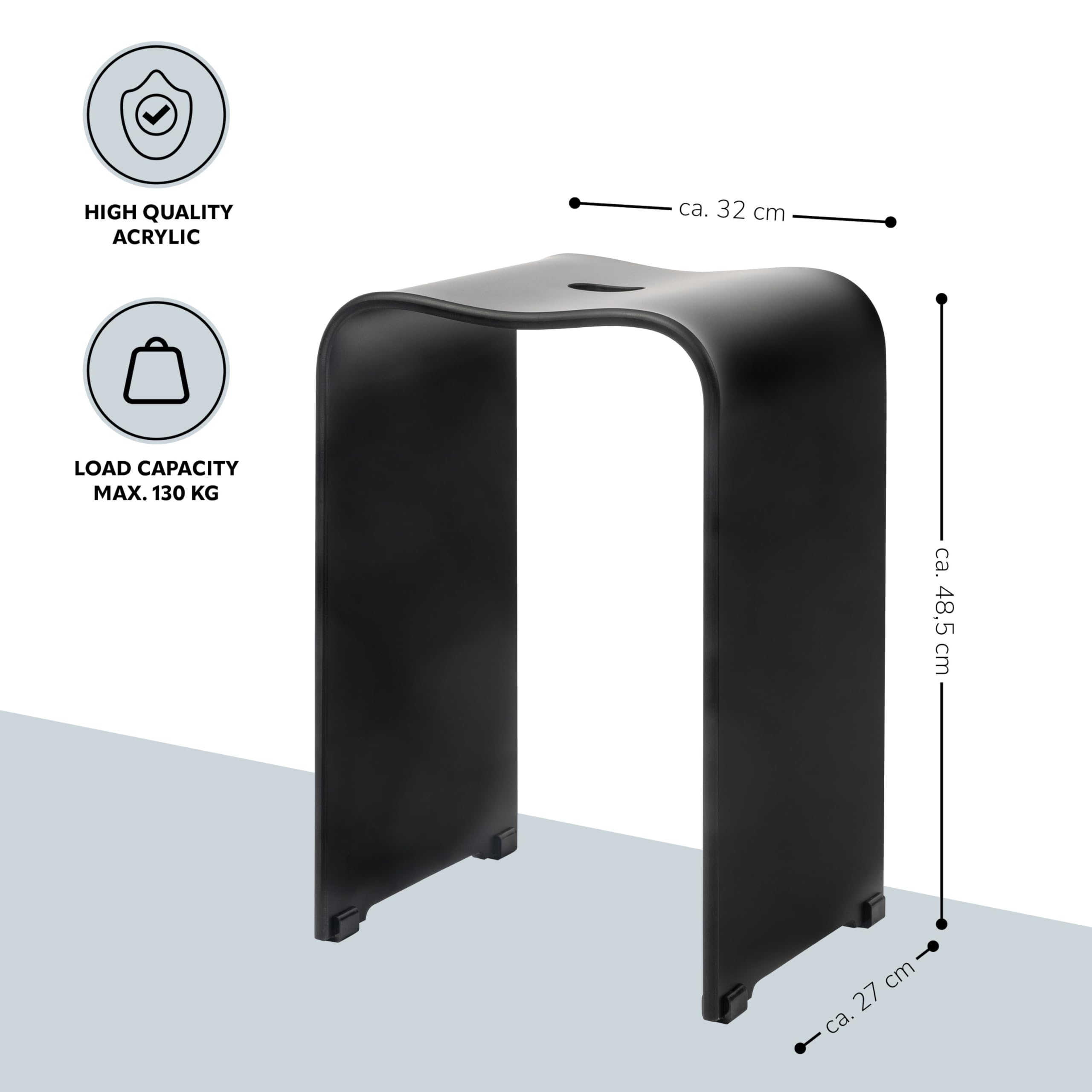 bremermann Taburete de baño de acrílico, Aprox. 33 x 27,5 x 48 cm (Ancho x Profundidad x Alto), con Mango Hueco, Forma ergonómica, soporta hasta 130 kg (Negro/Mate)