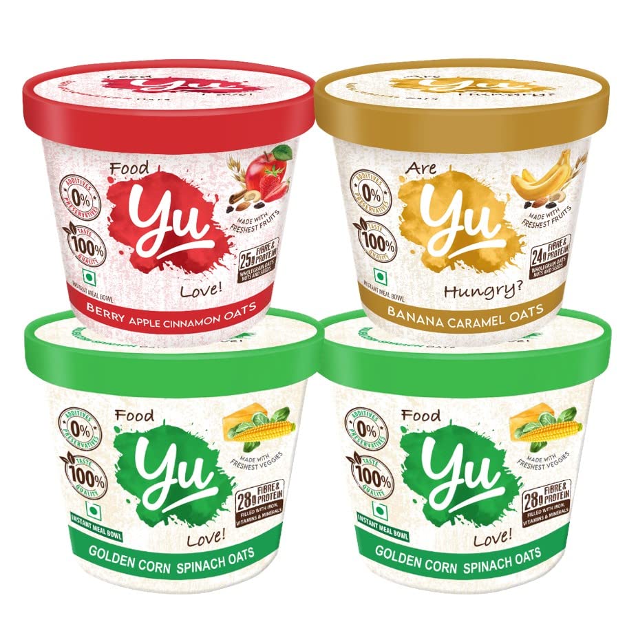 Yu Foodlabs Oats Bowl - Golden Corn Spinach + Berry Apple Cinnamon + Banana Caramel Combo - Instant Meal - Pack of 4 - NO Preservatives - 100% Natural - Ready To Eat - 3 mins Healthy Breakfast - 700GM (B09VBH9W1V) Amazon Price History, Amazon Price Tracker