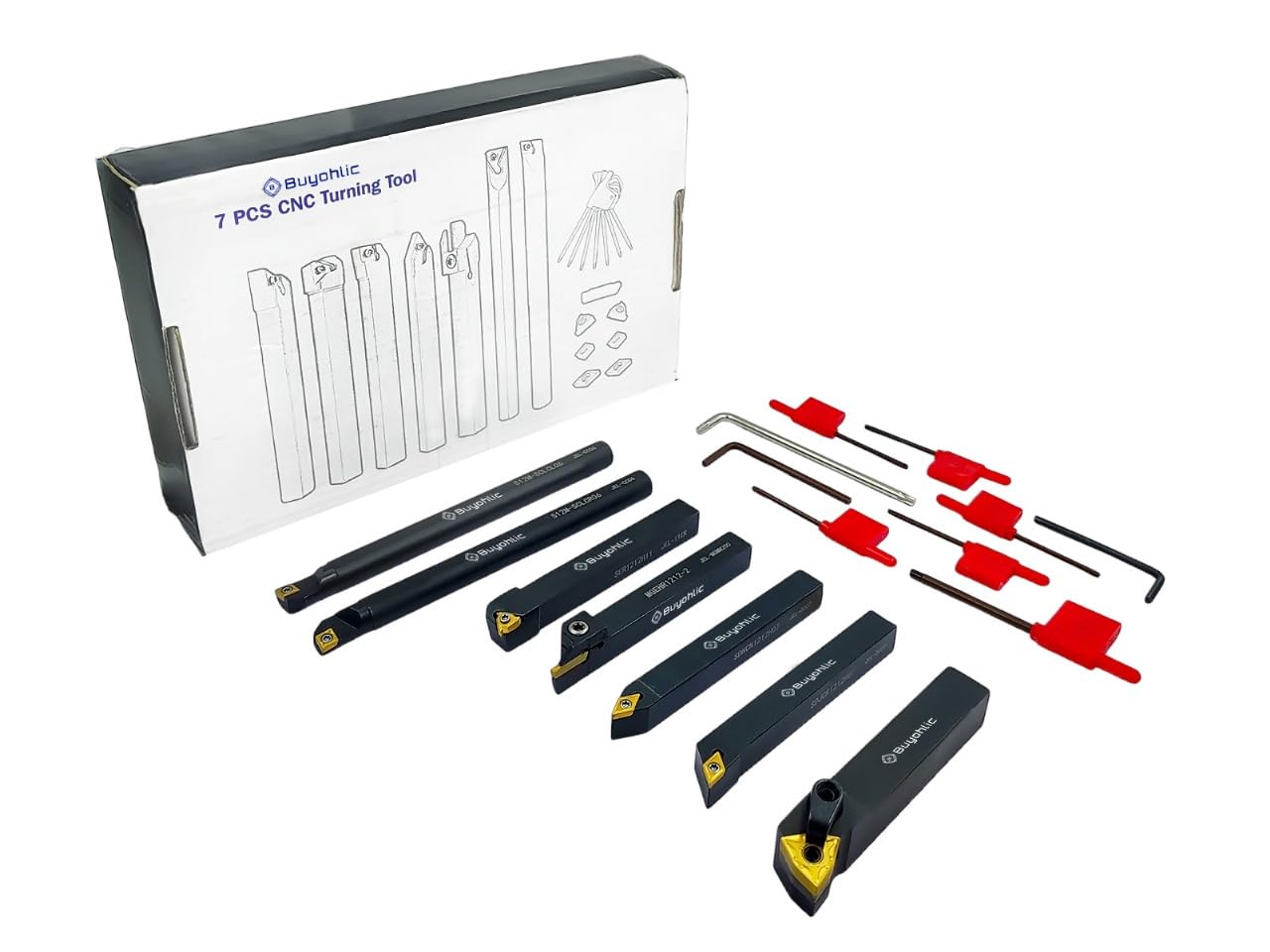 Buyohlic 7 Pieces Indexable Lathe Turning Tool-1/2" Shank Metal Lathe Tools Holder for Turning Grooving Threading with Tin Coated Carbide Inserts
