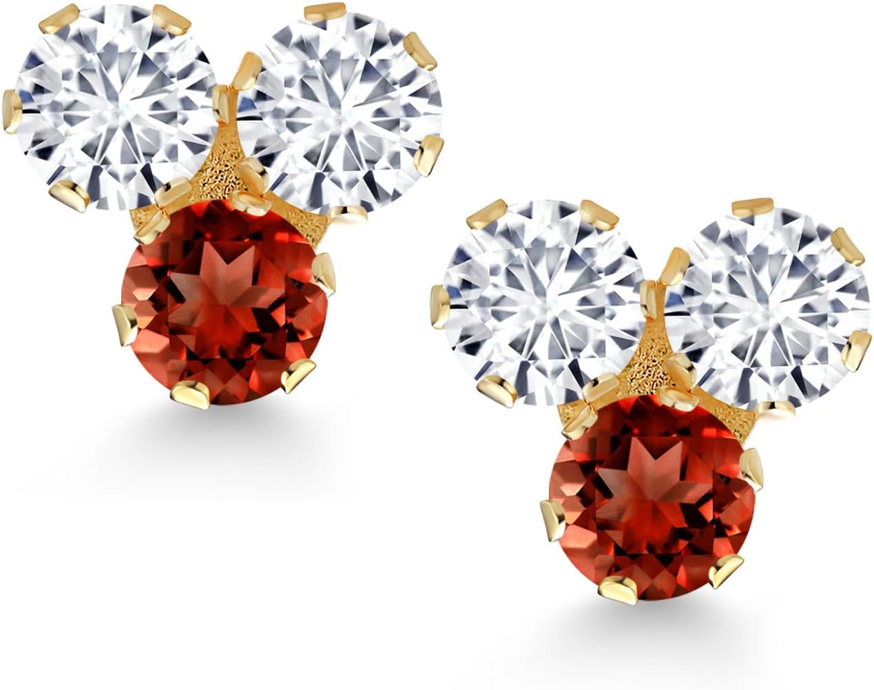 Gem Stone King 14K Yellow Gold White Lab Grown Diamond and Gemstone Birthstone Trio 3-Stone Stud Earrings for Women | 3MM Round | Fine Jewelry for Her Mom Women Wife - Image 2