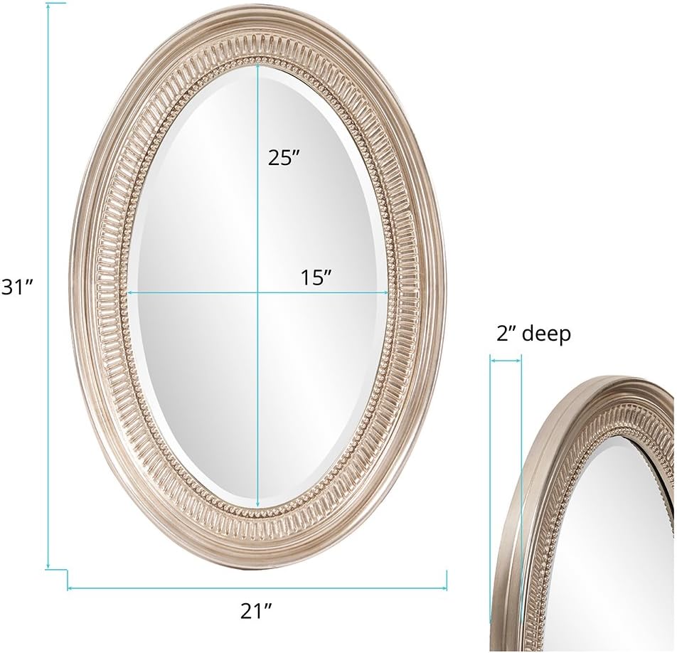 Howard Elliott Ethan Brushed Nickel Oval Decorative Wall Hanging Mirror, Vintage Oval Mirror for Wall Decor Resin Frame Vanity Mirror Perfect for Living Room, Bedroom & Home Decor, 21 x 31 Inch