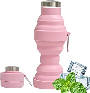 dellyy Trinkflasche Faltbar, 550ml Faltbare Trinkflasche Silikon, Bpa-Frei, Auslaufsicher und Tragbar, Geeignet fur Outdoor-Sport, Reisen, Pendeln, Camping, Laufen, Fitness (Rosa)