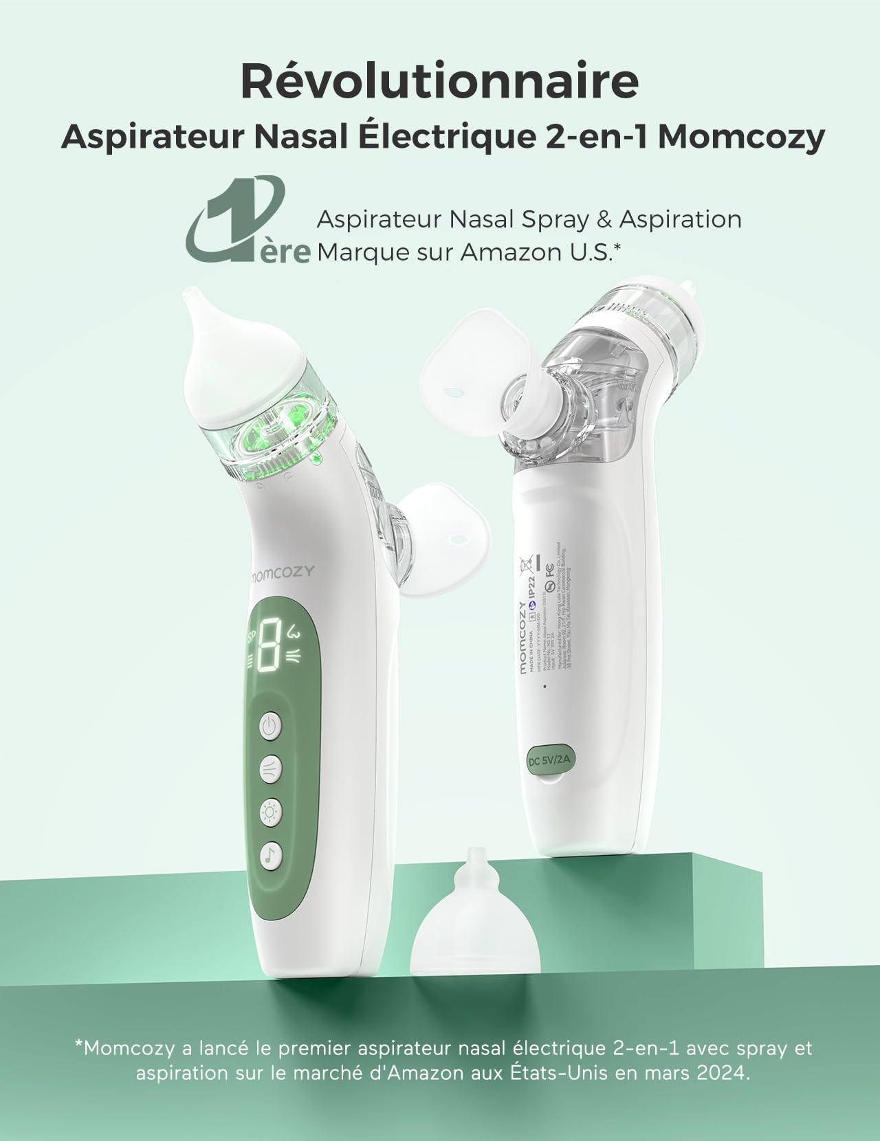 Momcozy BN007 mouche bebe electrique 2-en-1 avec fonction de pulvérisation, 65 kPa de puissance d’aspiration, 4 niveaux réglables, silencieux et portable, avec lumière et musique apaisantes