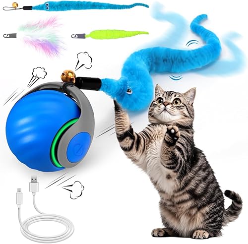 Pelota de juguete interactiva para gatos, juguetes rápidos para gatos de interior con colas de plumas para perseguir, estimulación en movimiento,