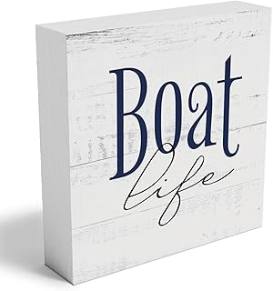 Boat Decor Wooden Box Sign Lake Themed Farmhouse, Home Office Bedroom Bathroom Cabin Cubicle Shelf Table Desk Scene, Boat Lover Gift, 5×5 in