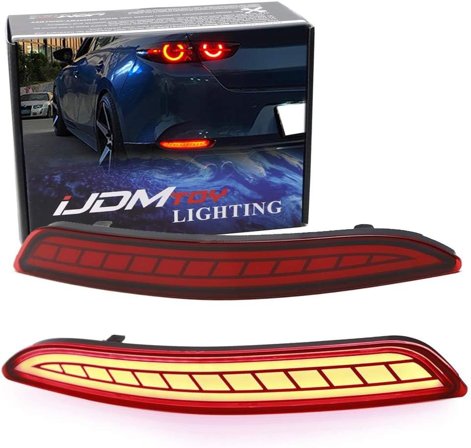 iJDMTOY Red Lens Full LED Bumper Reflector Lights Compatible With 2019-up Mazda3 Axela Sedan, Function as Tail, Brake & Rear Fog Lamps