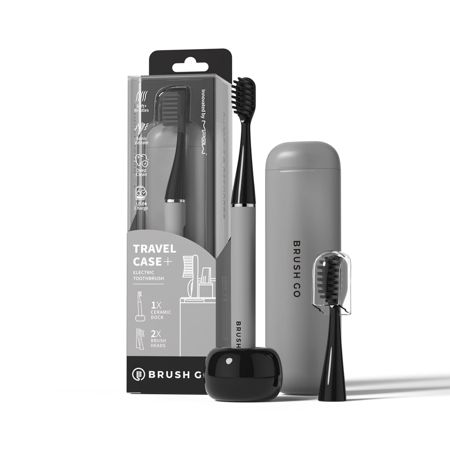 MIPOW Slim Pro i4 Electric Toothbrush Rechargeable Smart Ultra Sonic 3 Modes Magnetic Travel Case Ceramic Dock 60Day