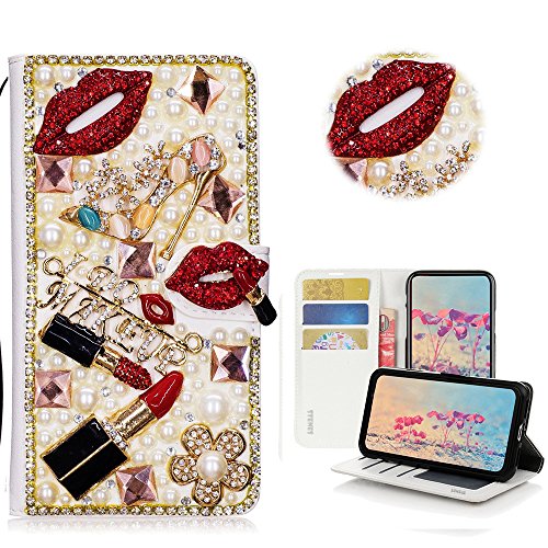 STENES Bling Case Compatible with Galaxy S10 Plus - Stylish - 3D Handmade Lipstick Girls High Heel Flowers Magnetic Wallet Leather Cover Compatible with Samsung Galaxy S10 Plus 6.4 Inch - Red