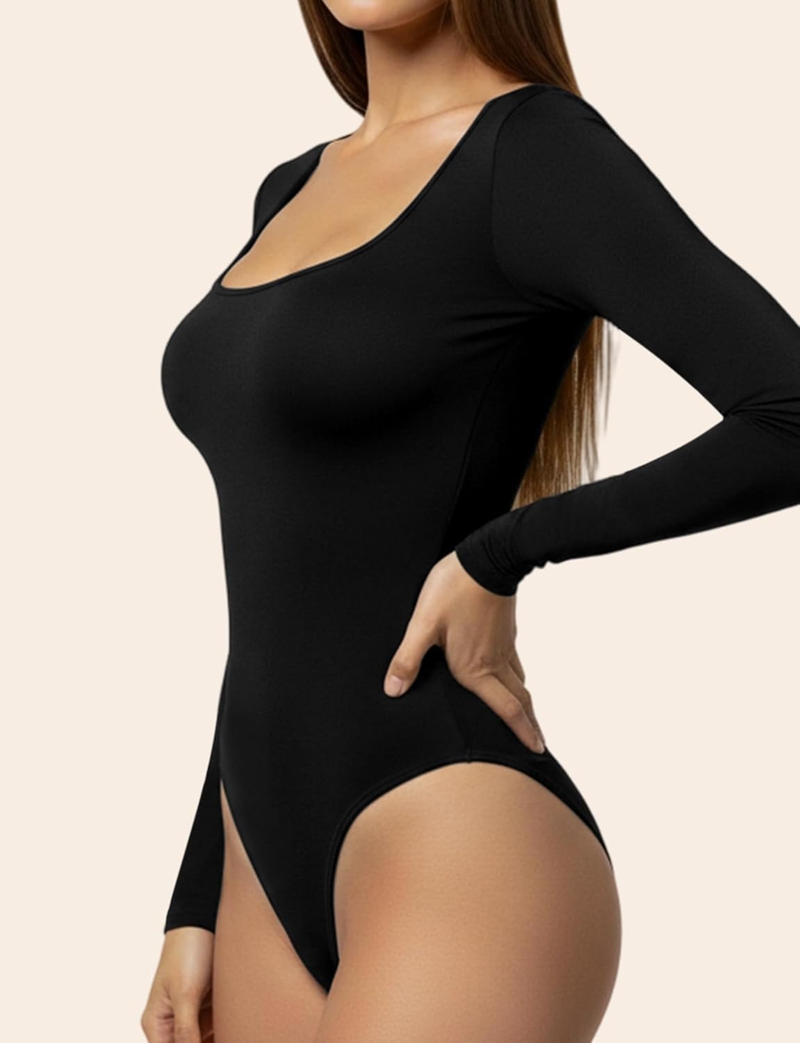 YOGINGO Long Sleeve Square Neck Bodysuits for Womens, Body Suits Tops Going Out Basic Leotards Slim Fitted Outfits Shirt - Image 2
