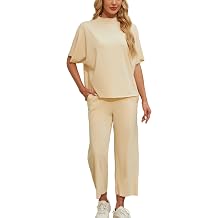 Esmeling Womens Two Piece Outfits Half Batwing Sleeve Shirt and Wide Leg Short Lounge Set Tracksuits