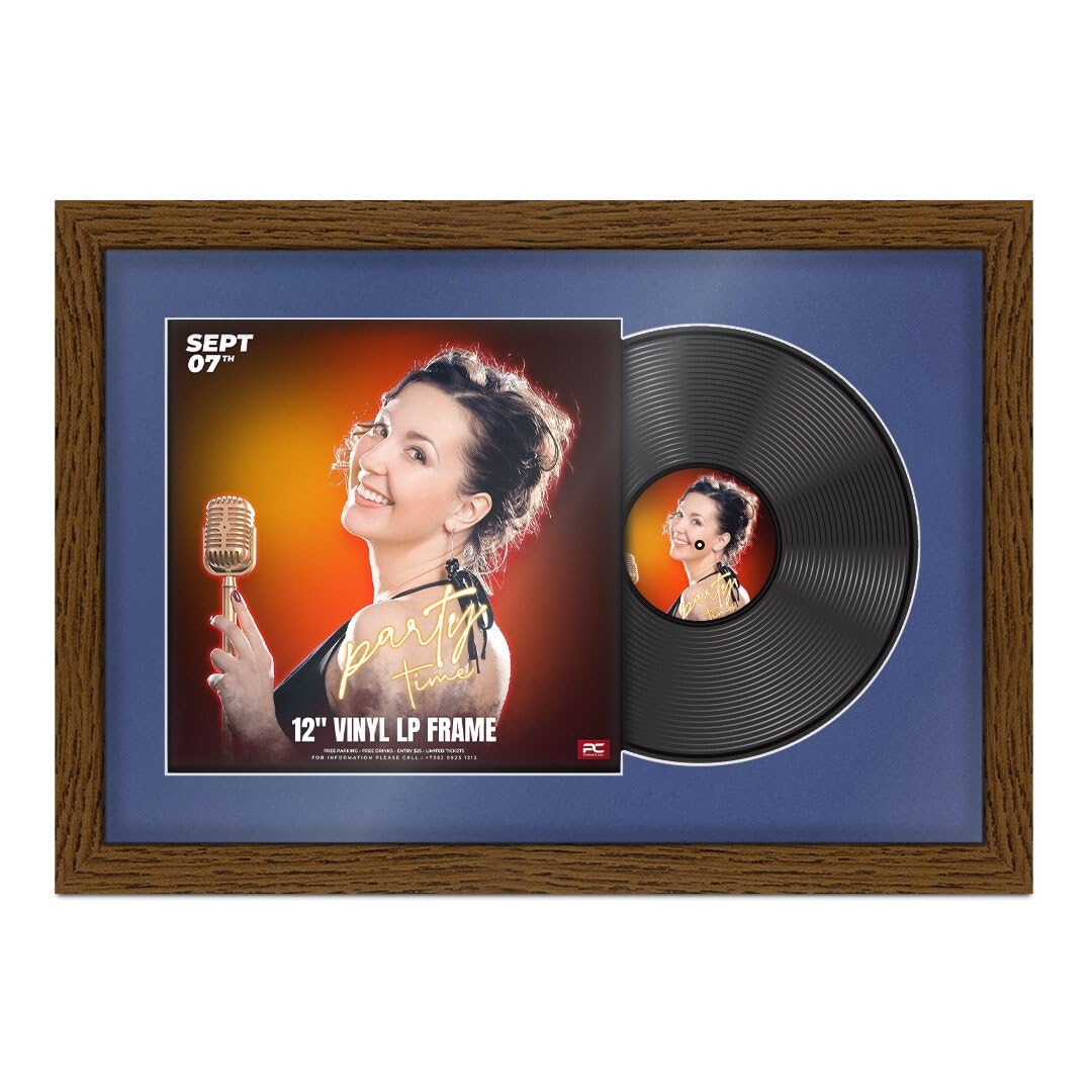 Procut Global 25x17" Dark Oak Vinyl Record Frame for 12 Inch LP Cover & Disc - Display Photo Frame with Overlapped Design-Engineered Wood, Shatterproof Perspex - Music Lover Gift & Home Décor
