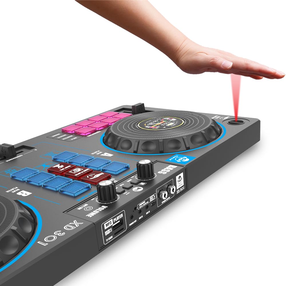 Cefa Toys Station de DJ portable avec haut-parleurs et contrôle spatial 14 en 1, avec tourne-disque, crossfader et plus de 144 combinaisons de Mix, comprend un lecteur Bluetooth et USB et une batterie