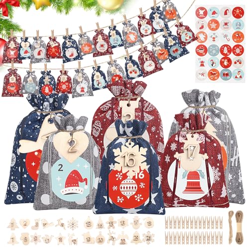 Awinker 24 piezas Calendario de Adviento para rellenar saquitos 2024 Mujeres Belleza Griswold Saquitos pequeños para rellenar (azul)