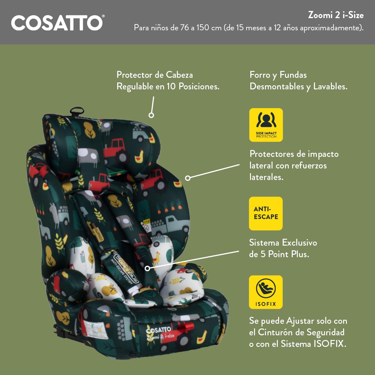 Cosatto Silla Coche Grupo 1 2 3 Zoomi 2 - Silla Coche iSize de 76 cm a 150 cm - Sillita Bebé Coche Isofix con Reposacabezas Ajustable, Protección Contra Impactos Laterales y Fácil Instalación