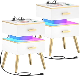 Night Stand Set 2 with Charging Station, White Modern Nightstand Set of 2, Bedside Tables with Led Lights, Bed Side Table Night Stand with Drawers for Bedroom and Sofa Side, 25'' Tall