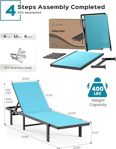 Miniatura 3 de Tumbona de aluminio para exteriores, silla de salón de patio con reclinable ajustable de 5 posiciones y silla de bronceado plana completa para
