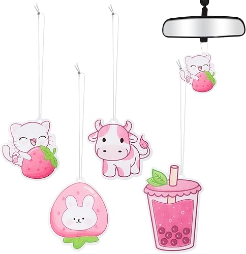 ANGOLIO Ambientador de coche Kawaii con chips de incienso de fresa, adorno perfumado, espejo retrovisor para automóvil, 4 estilos y aromas de té de