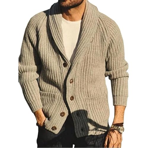 Oanviso Cardigan Homme Chaud à Manches Longues Gilet Pulls en Tricoté Fin Revers avec Boutons Veste Décontractée Chandail Col en V Classique Couleur Solide Automne Hiver Confortable B Kaki M Cover