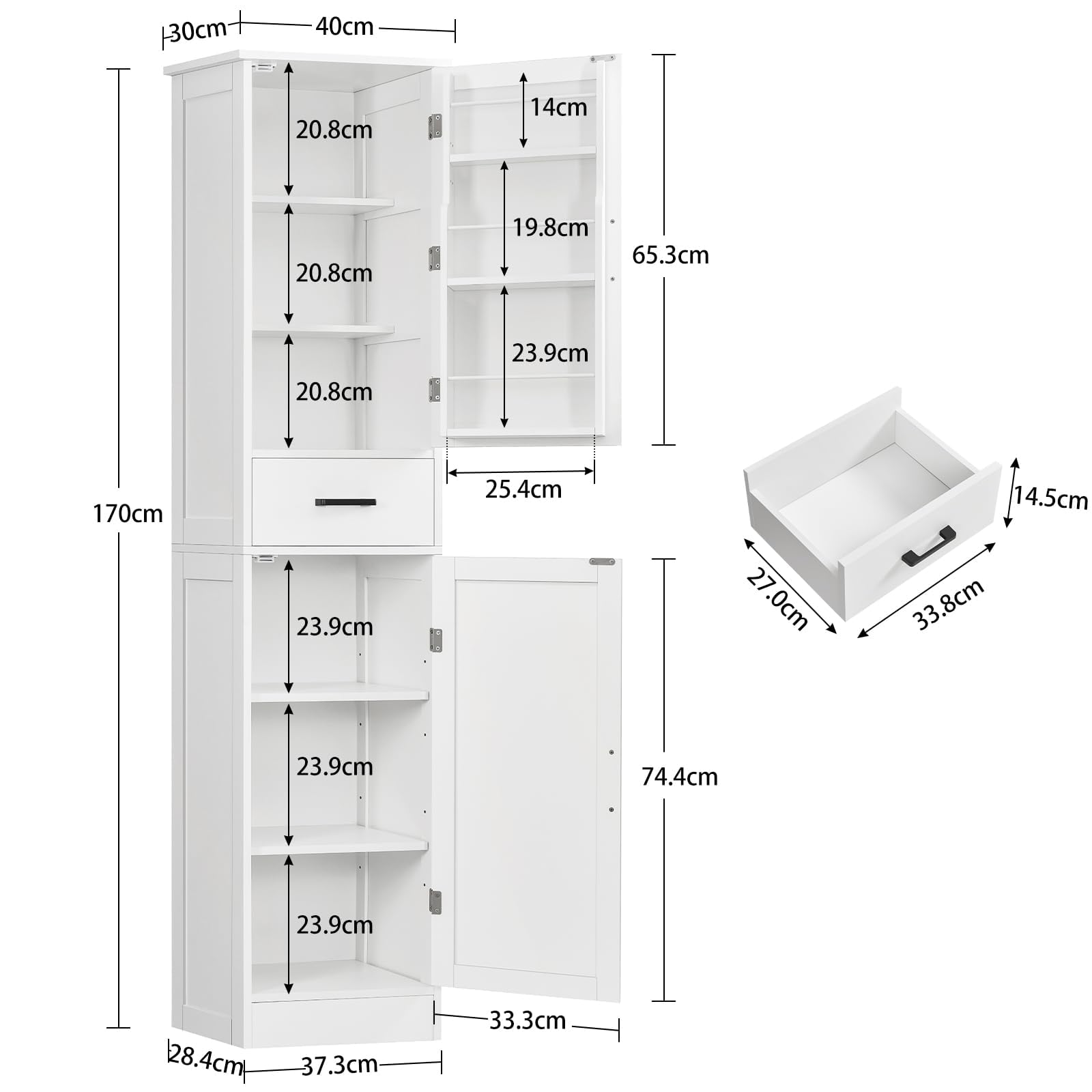 TEENFON Alacena de Cocina Alta y Despensa, Armario Multiusos con 2 Puertas, 1 Cajón y Estantes Ajustables, Aparador y Mueble de Baño para Cocina, Salón, Baño, 170 x 40 x 30 cm, Blanco