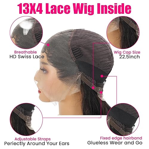 Miniatura 3 de Pelucas de cabello humano lacio con encaje frontal transparente HD de 13 x 4 pulgadas, densidad del 180 %, sin pegamento, pelucas de cabello humano