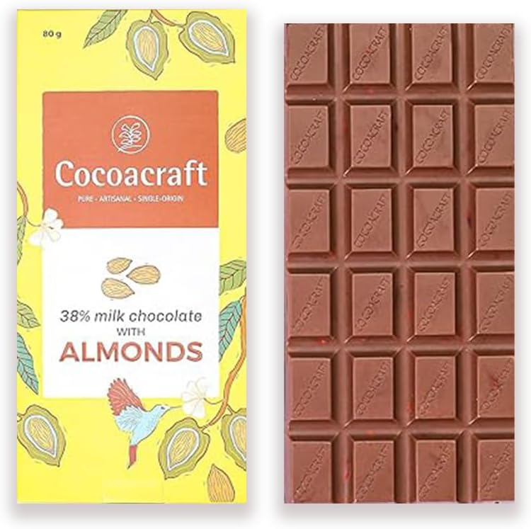 Cocoacraft 38% Milk Chocolate Bar with Almonds (80g) Milk Chocolate Bar| 100% Natural| Handmade Artisanal Couverture from Kerala| Ideal for Snacking and Gifting