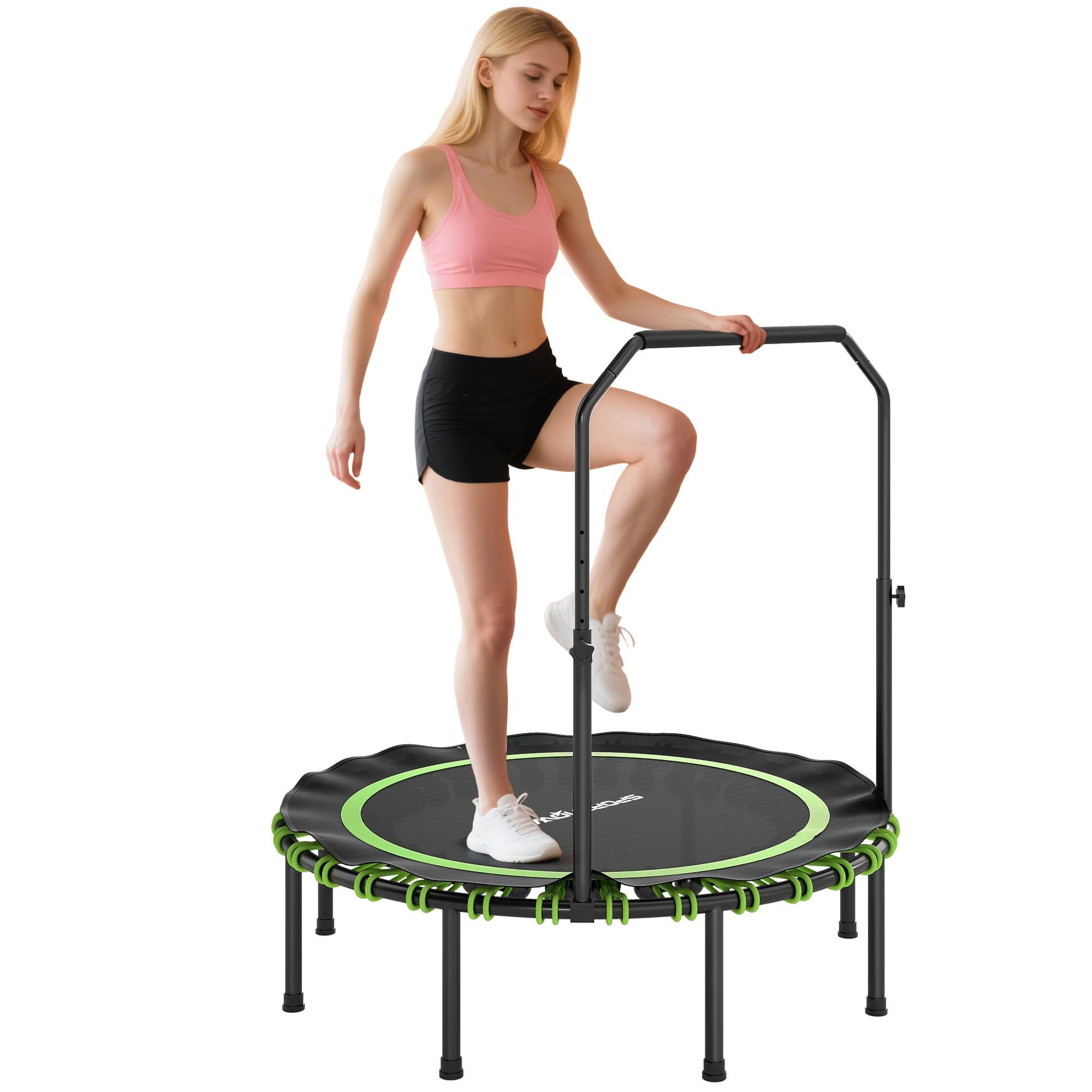 SPORTNOW Trampolina fitness, Ø 114/122 cm, składana, mini trampolina z 5 regulowanymi stopniami uchwytu, cicha gumowa linka, trampolina dla dorosłych, do użytku wewnątrz i na zewnątrz