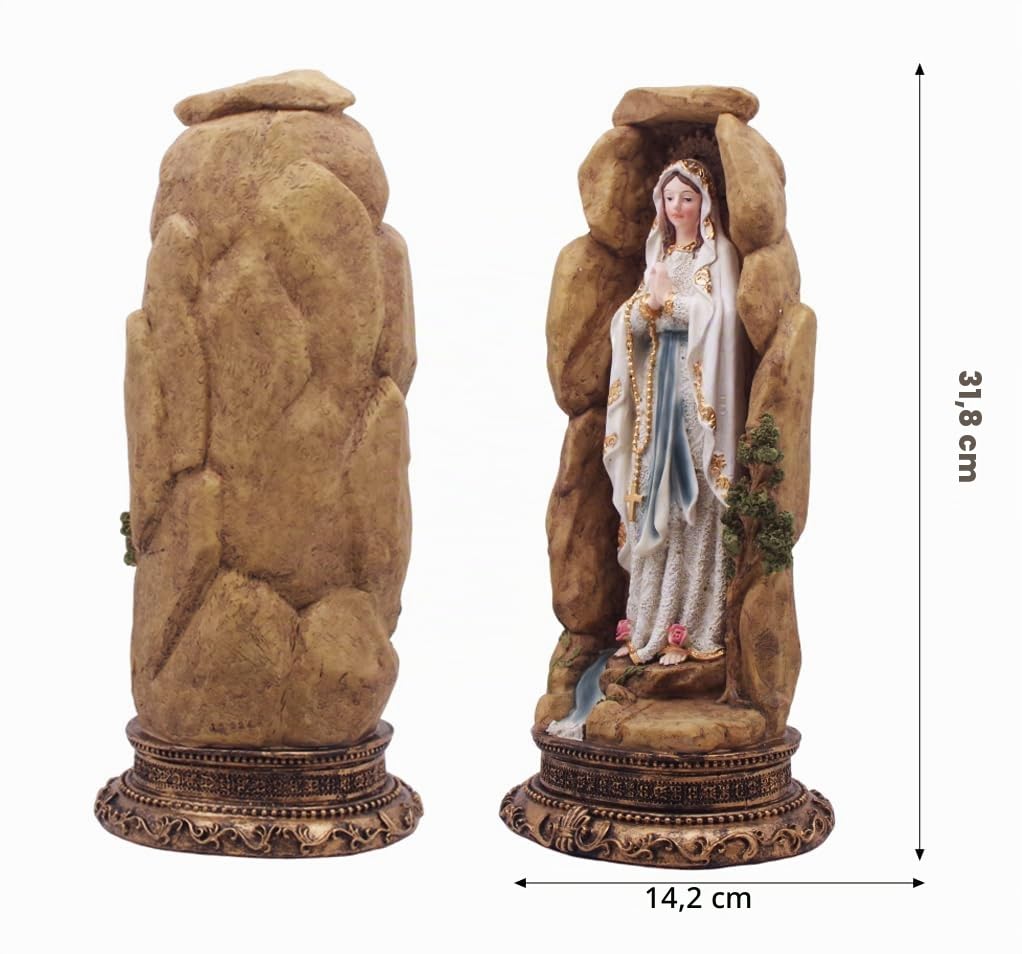 MeritMode Figurines de collection de la Vierge Marie – Notre Dame de Lourdes en forme de grotte, fabriquées à la main en résine, cadeaux religieux pour toutes les religions, 31,8 cm de hauteur