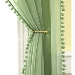 Panel Translúcido MIULEE Cortinas Salon Visillos con Pompones para Ventana Habitacion Cortina Translucida Poliéster de Ollaos Decoracion para Dormitorio Visillo Moderno Comedor Cocina 2 Hojas 140x145cm Verde