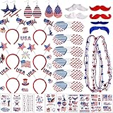 Doumeny 88Pcs Patriotic Accessories 4th of July Party Favor of 6 Shutter Glasses,6 Headbands,6 Beaded Necklaces, 6 Mustache, 6 Earring and 10 Temporary Tattoos for Independence Day Memorial Day Decor
