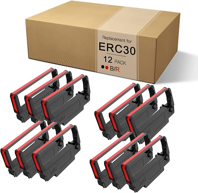 OLDBRO 12-Pack ERC30 B/R Compatible Cash Register Ink Ribbon Replacement for Epson ERC-30 ERC 30 34 38 Used in Epson TMU-220B/TM-300B, SPR-270/SRP-275 (Black and Red)