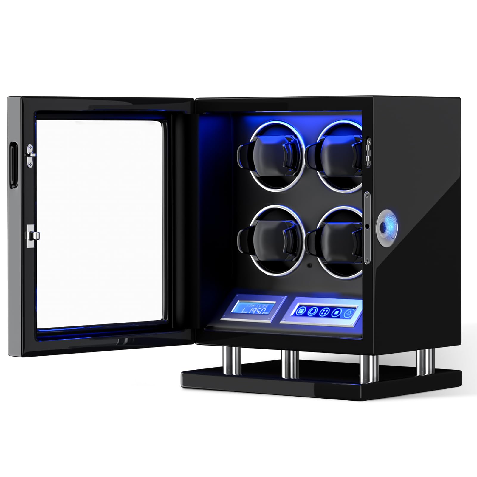 DUKWIN Watch Winder for 3/4/6/8/9/12 Automatic Watches, Fingerprint Lock Watch Winders with LCD Touchscreen, Blue LED Light, Remote Control,Adjustable Watch Pillow for Universal Watches, 5TPD