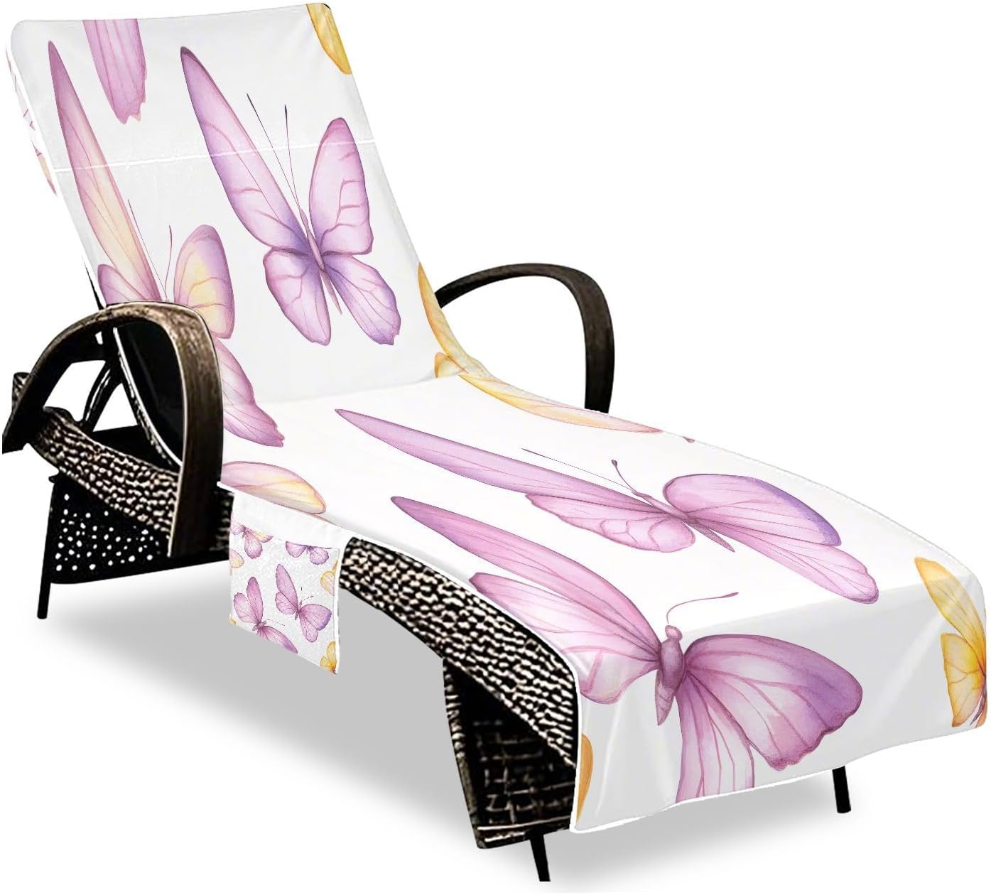 YETTASBIN Lounge Chair Towel Cover 85 x 30 Inch, Pink Purple Butterflies Soft Breathable Patio Chaise Lounge Cover Quick Drying Beach Pool Chair Cover with Side Pockets for Garden, Hotel, Sun Loungers