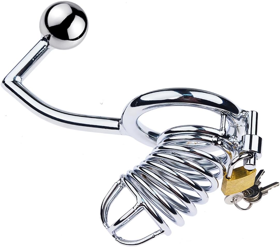 Metal Chastity Device Cock Cage with Anal Hook Male Chastity Lock Belt Penis Ring Cage Bondage Gear Sex Toy for Men Couples A